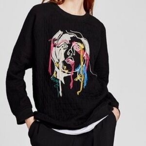 Zara Womens XS Abstract Face Embroidered Art To Wear Black Sweater